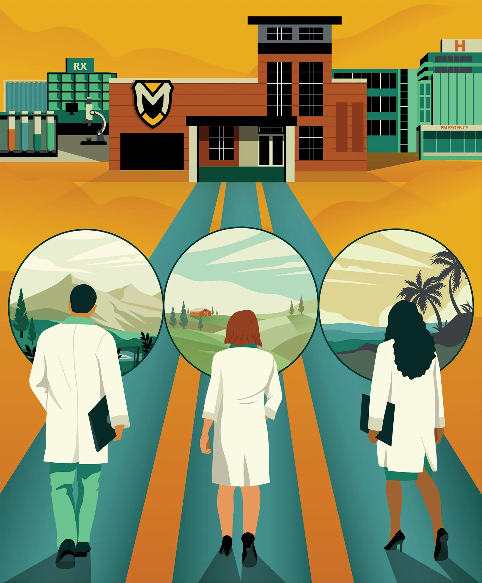 Illustration of three pharmacists walking to Manchester