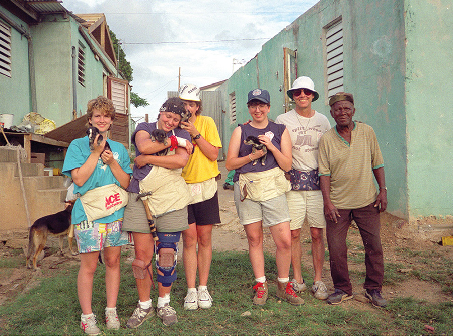 In 1990, peace studies volunteers traveled to St. Croix in the U.S. Virgin Islands, replacing roofs after Hurricane Hugo.