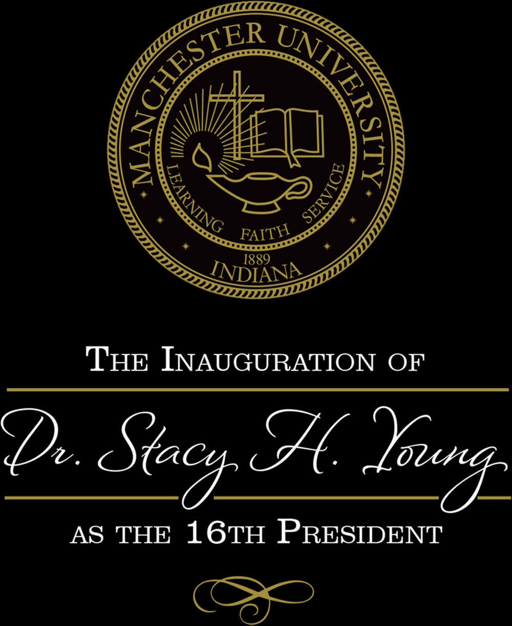Manchester University seal with typography reading: The Inauguration of Dr. Stacy H. Young as the 16th President